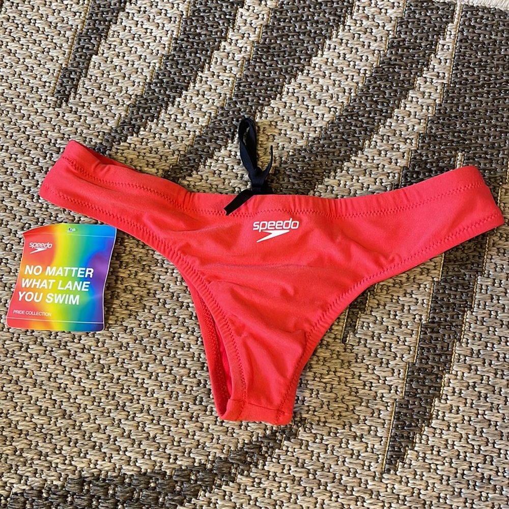 Speedo cheeky fit bottoms with drawstring waist. Never worn. Brand new